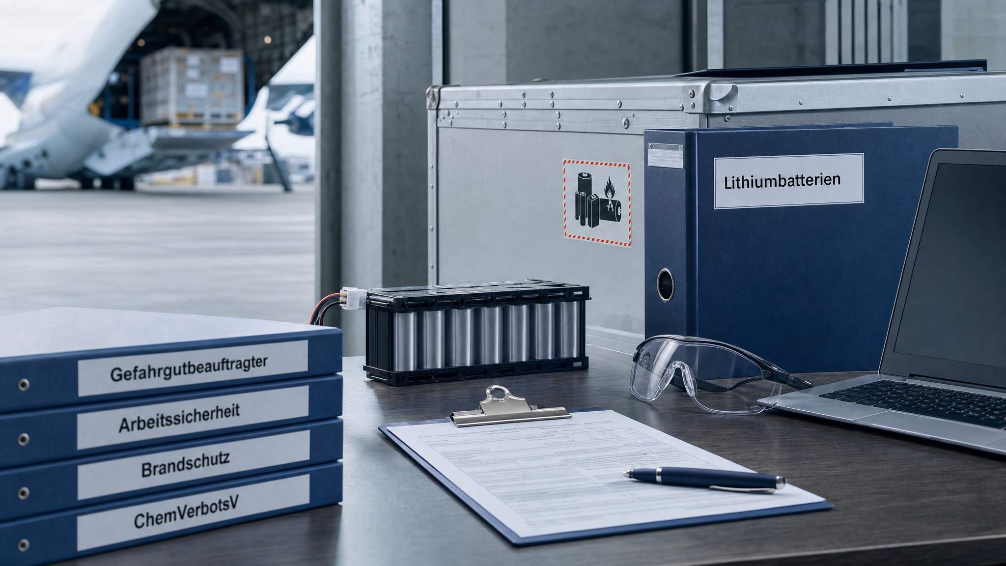 Arbeitsplatz mit Unterlagen zu Gefahrgutbeauftragtem, Arbeitssicherheit, Brandschutz, ChemVerbotsV und Lithiumbatterien